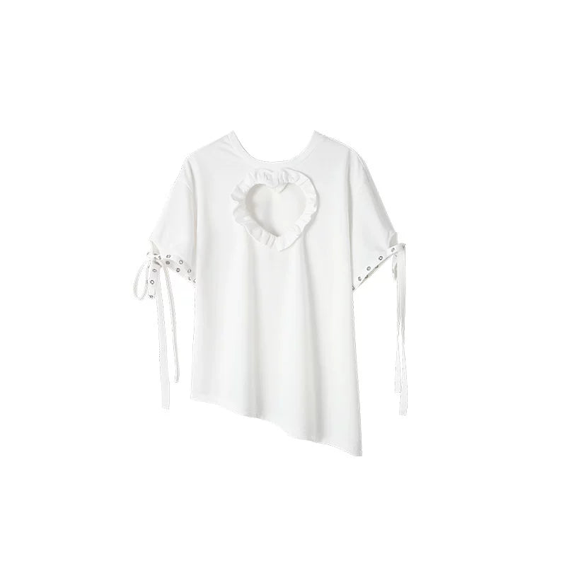 Chest Cutout Heart T-Shirt – Loose Fit with Irregular Hem Design