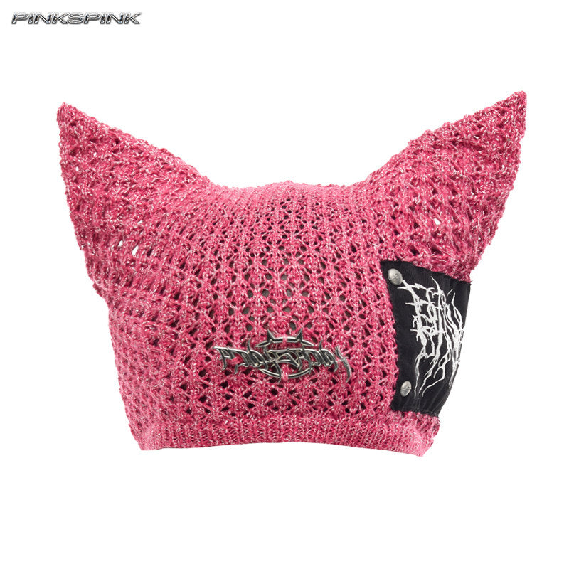 Cat-Ear Devil Knit Beanie – Unisex Y2K Punk Wool Hat