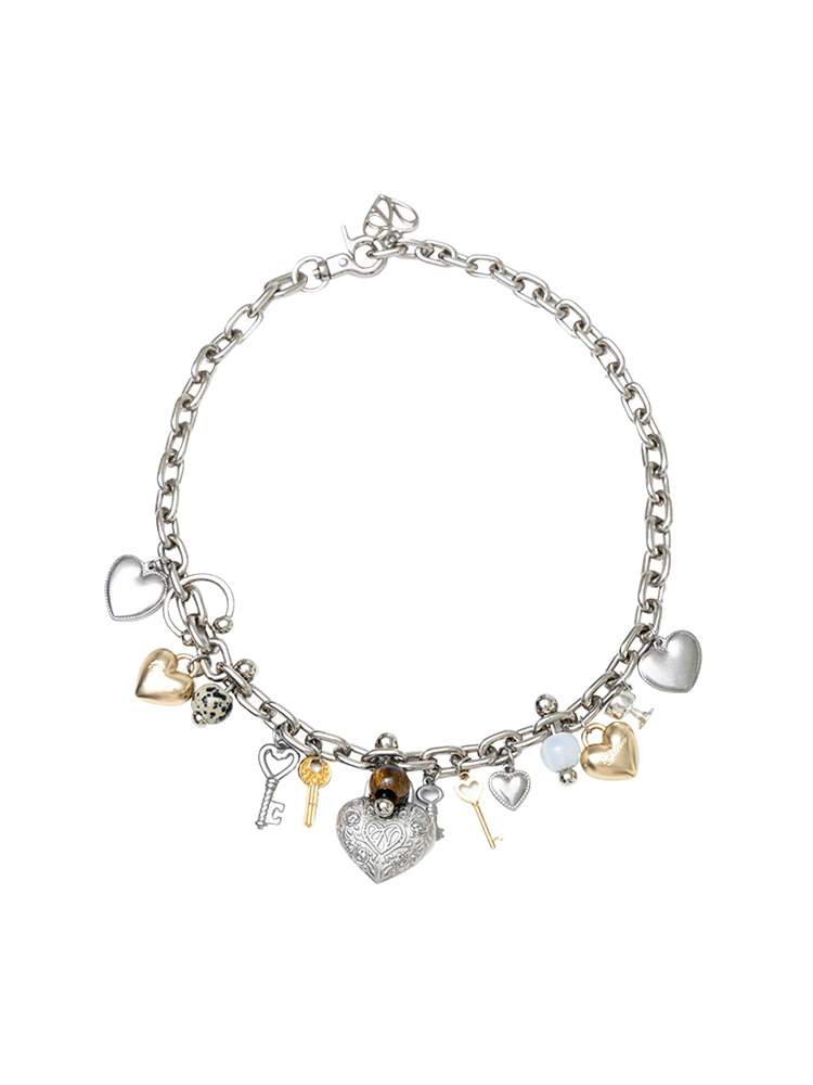 Delicate Three-Dimensional Natural Tiger's Eye Spotted Stone Metal Heart Choker Necklace