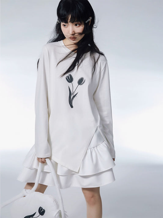 Sweet Cool Inkjet Tulip Print Asymmetric Hem T-shirt