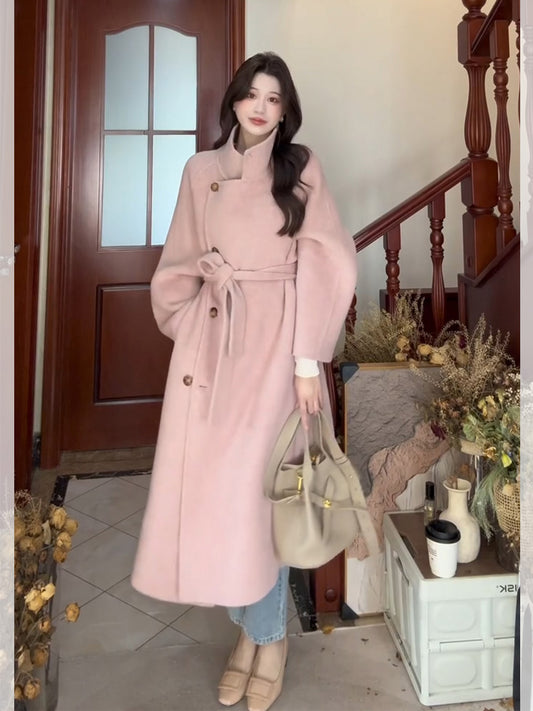 Pink Double-Faced Cashmere Coat – French-Inspired Mid-Length Elegance