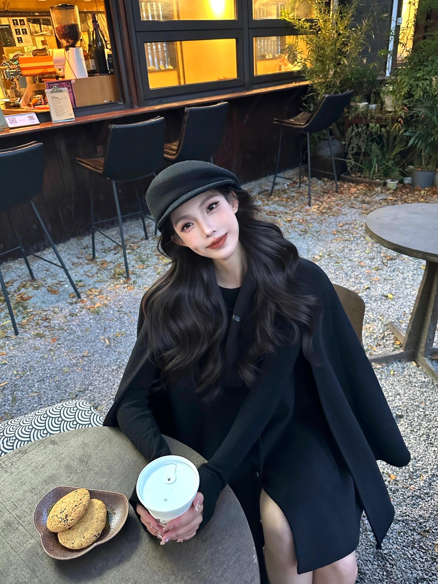 Reversible Cashmere Coat – Korean-Inspired High-End Tweed Jacket with Scarf Cape