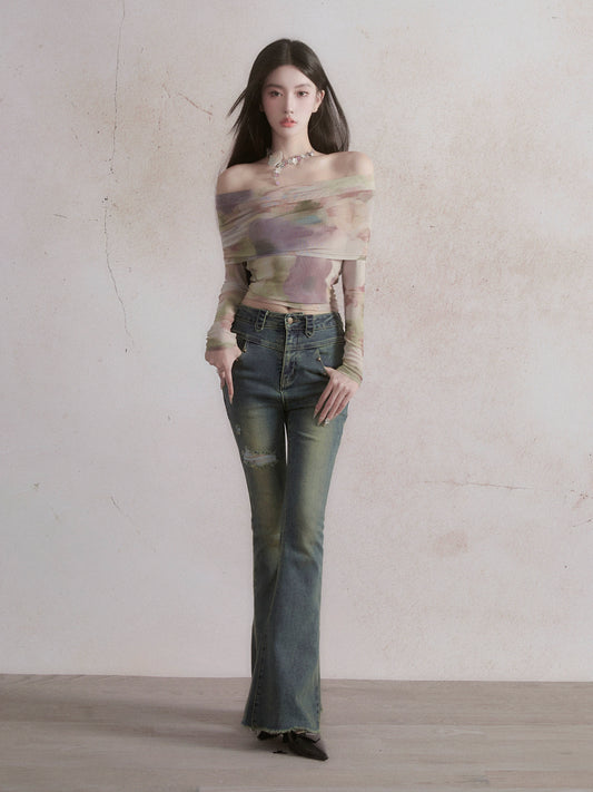 আমেরিকান রেট্রো ব্লু ফ্লেয়ার ছিদ্রযুক্ত জিন্স