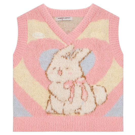 Débardeur tricoté Pink Rabbit Love | Pull rétro à col en V pour l’automne/hiver