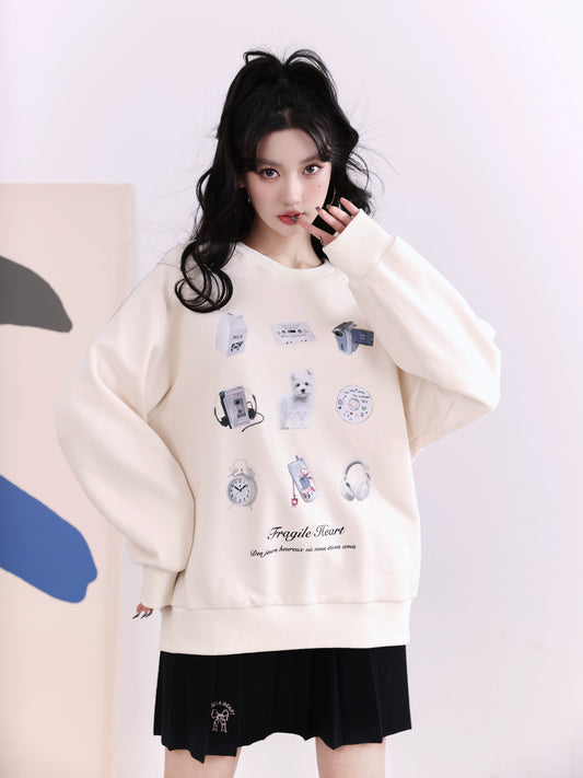 College style retro puppy print hoodie beige setup