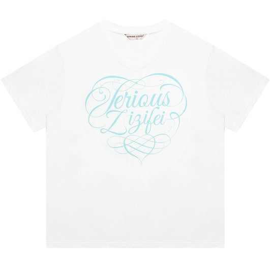 T-shirt ample à col en V imprimé lettre | Haut d'été rétro de couleur unie