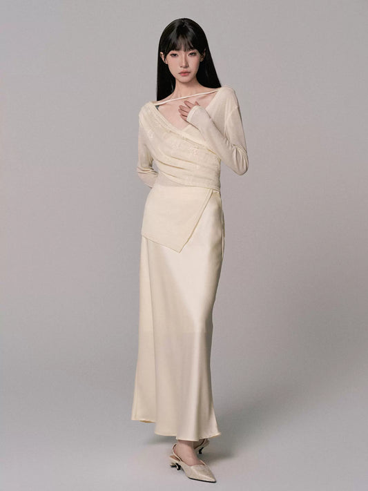 V-Neck Lace Textured National Style Top & Skirt Set (Cream Tone)