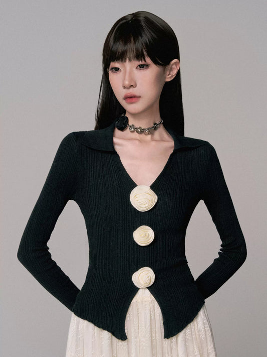 V-Neck Small Lapel Slim Fit Layered Knit Top (Long Sleeve)