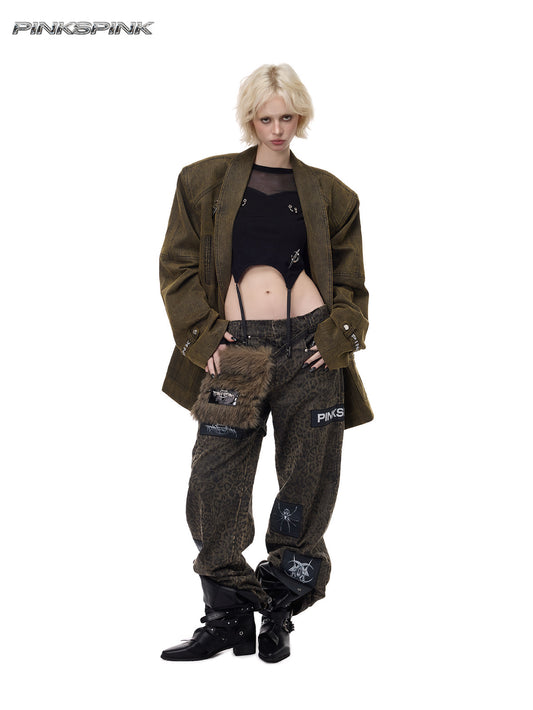 Leopard Print Cargo Pants with Black Metal Rock Embroidery