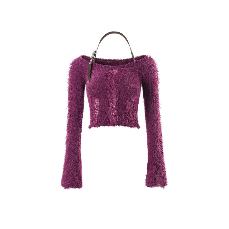 Faux Mink One-Shoulder Sweater