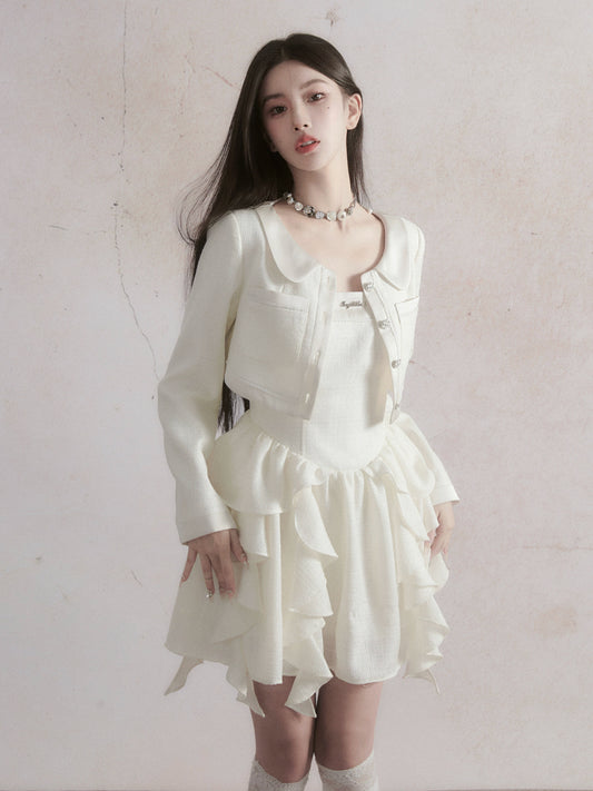 Small Fragrant Coat White Retro Sling Dress Set