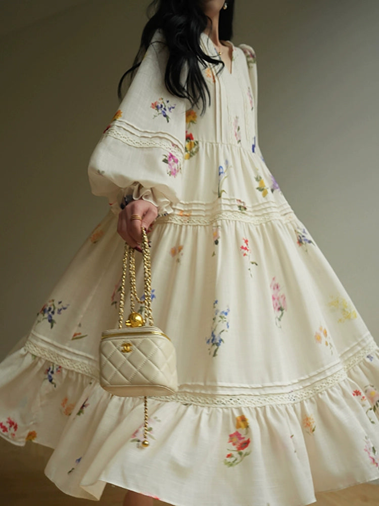 Tsubakino Hatsumi French printed dress loose and swinging seaside resort long skirt 2025 spring