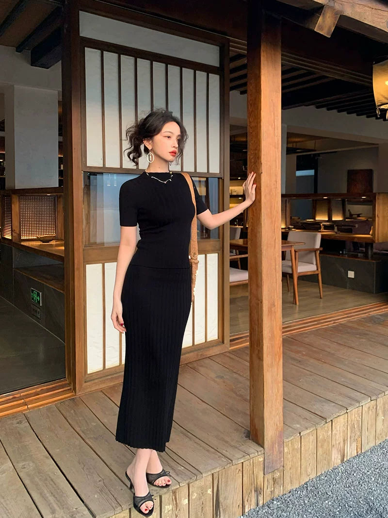 Ensemble haut slim en tricot et jupe taille haute