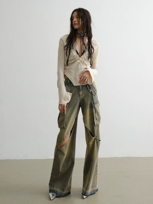 Fur Edge Patchwork Deep V-Knit Base Sweater