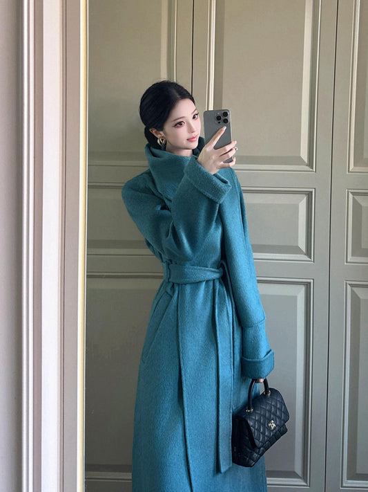 Blue Reversible Cashmere Coat – Long Celebrity Scarf Collar Wool Jacket