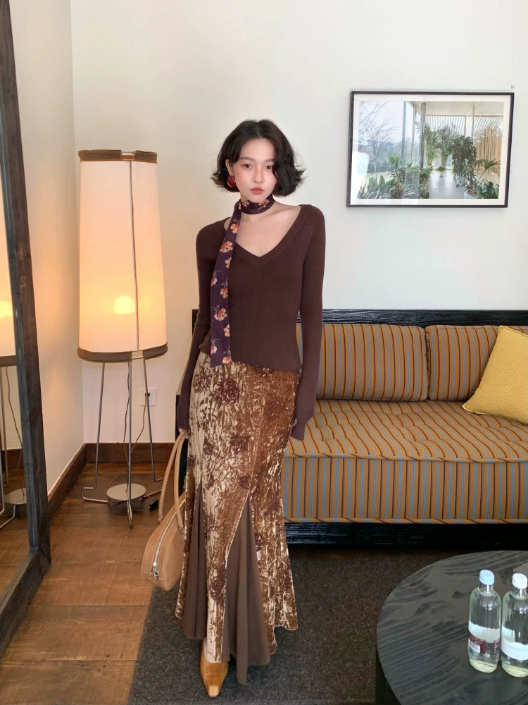 Toffee Frosting Vintage V-Neck Cropped Knit Base Shirt – Warm Layers