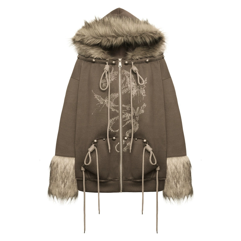 Year of the Loong Fur Plush Hooded Sweater Coat