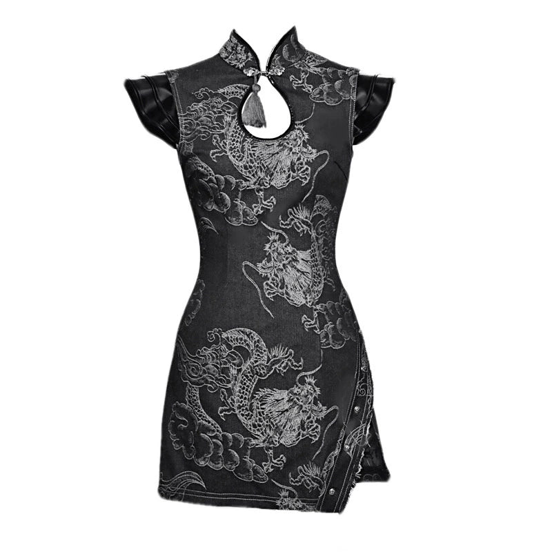 Punk Dragon Denim Cheongsam Dress