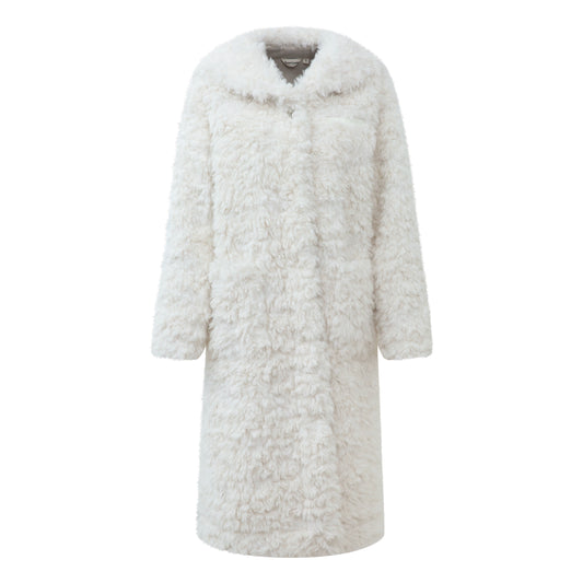 White Navy Collar Long Warm Plush Eco-Friendly Fur Jacket