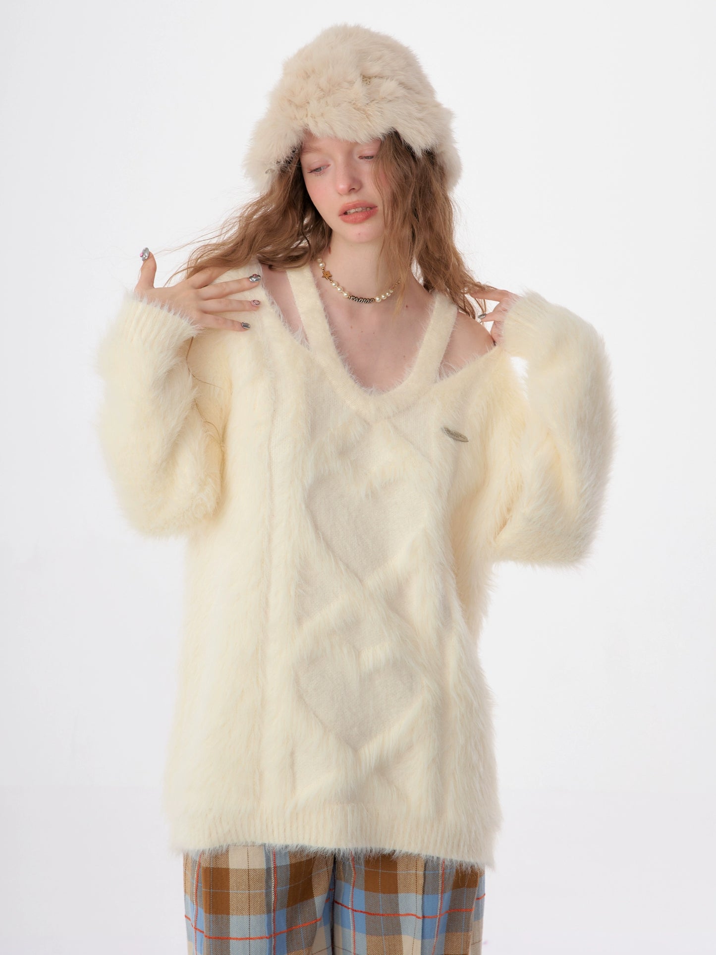 Suéter con cuello en V con borlas y hombros descubiertos estilo retro perezoso para otoño/invierno