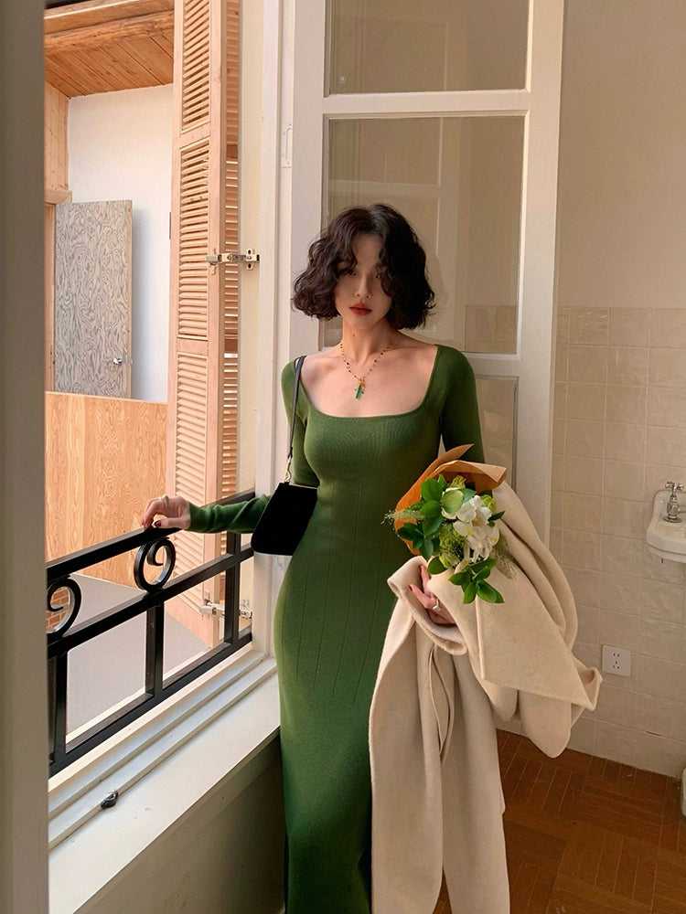 Huiyunye U-Neck Slim Long Knitted Dress – Sexy Winter Warmth Huiyunye U-Neck Slim Long Knitted Dress – Sexy Winter Warmth