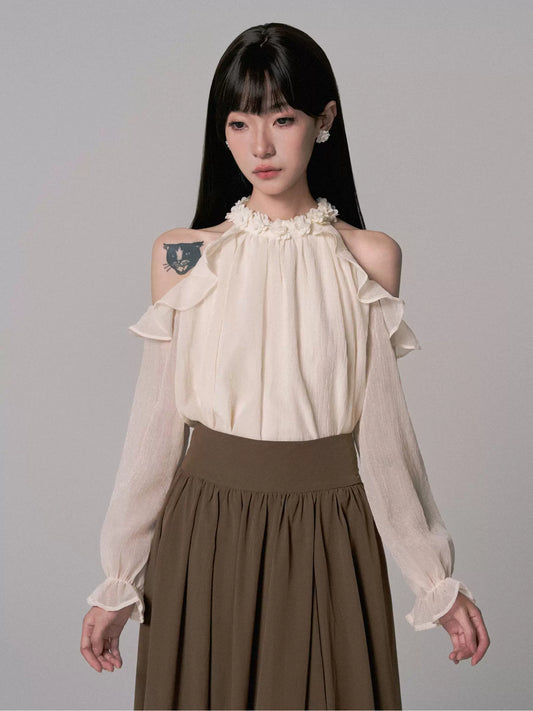 Off-Shoulder Lace Chiffon Blouse with Yarn Details (Autumn Edition)