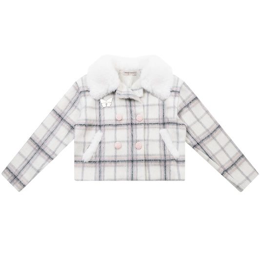 চেকার্ড লেদার কলার উলের জ্যাকেট |