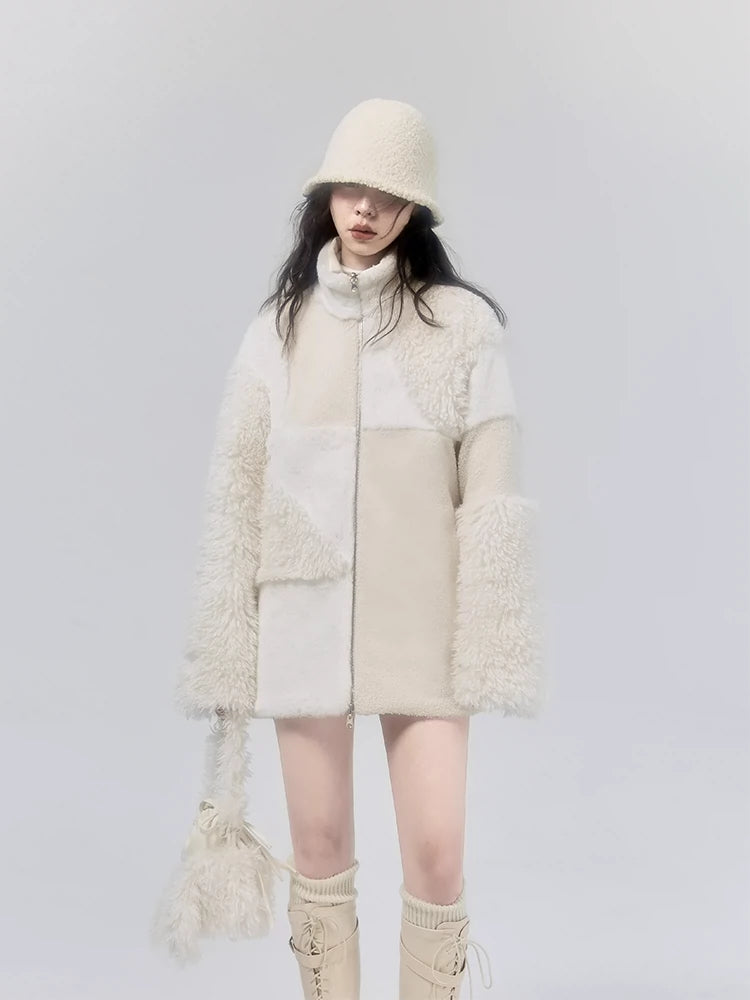 Misty and White Frost Plush Fur Patchwork Coat