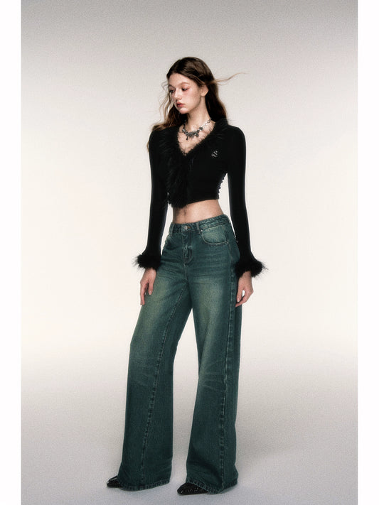 Black V-neck Plush Cardigan - Slim Spicy