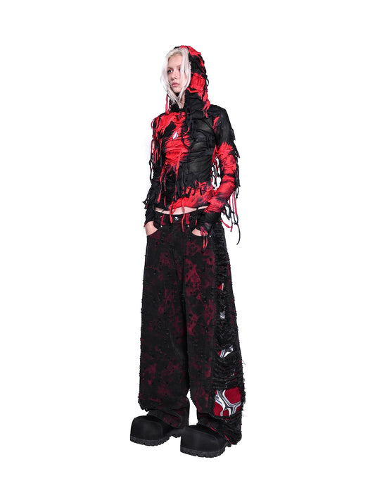 Destruction Cutout Loose Jeans – Genderless Red & Black Wasteland Style