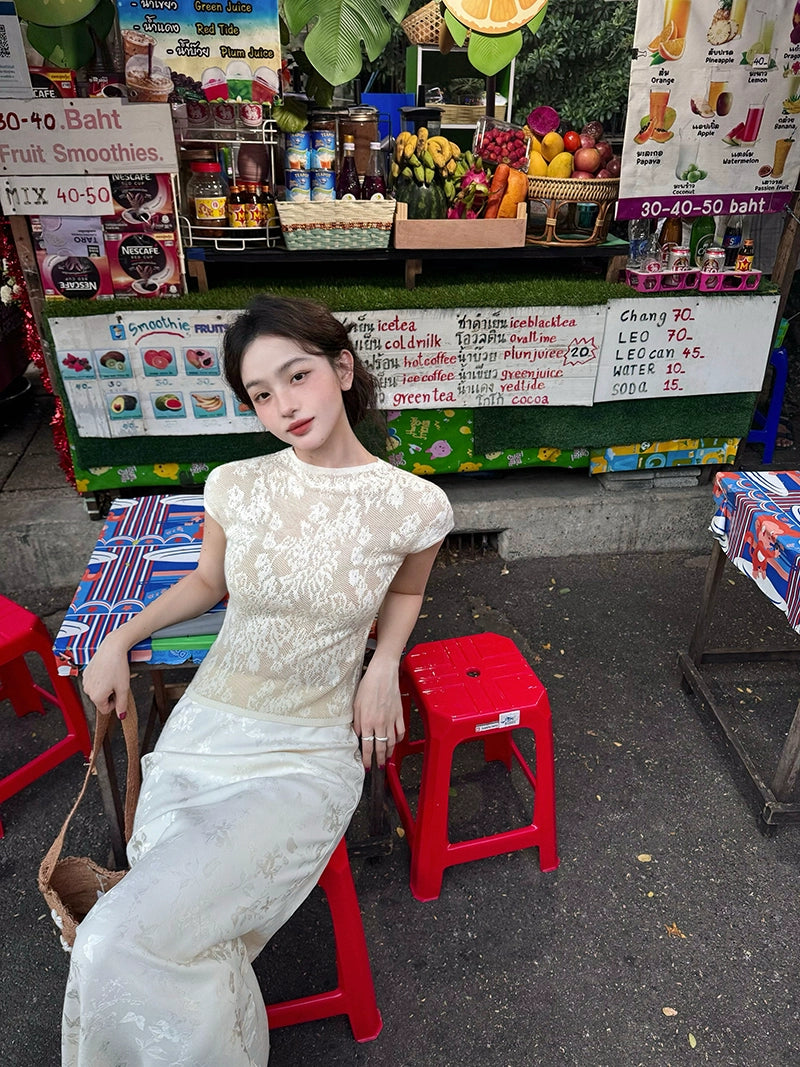 Top de manga corta de encaje retro francés