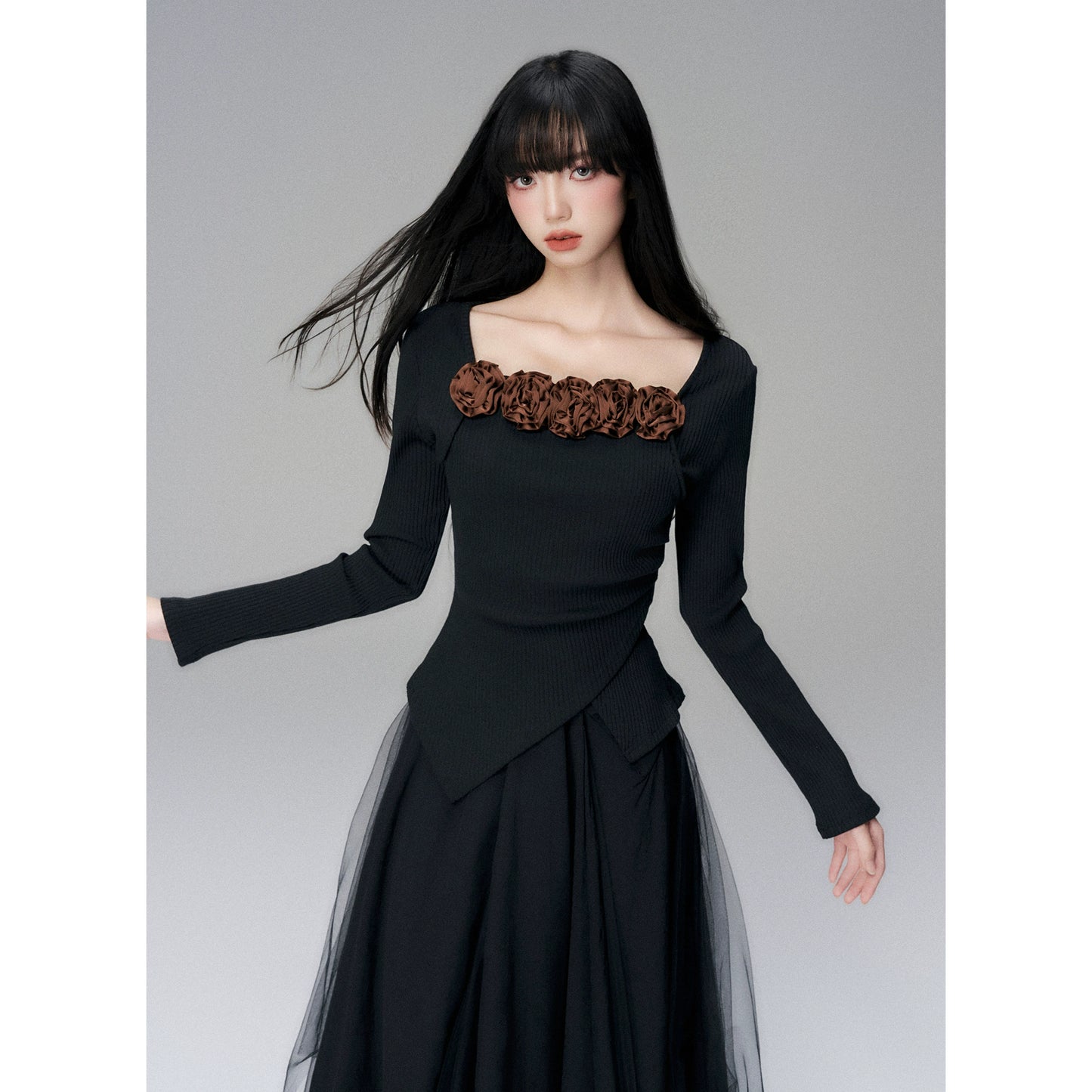Rose Knit Two-Piece Set with Square Neck Design