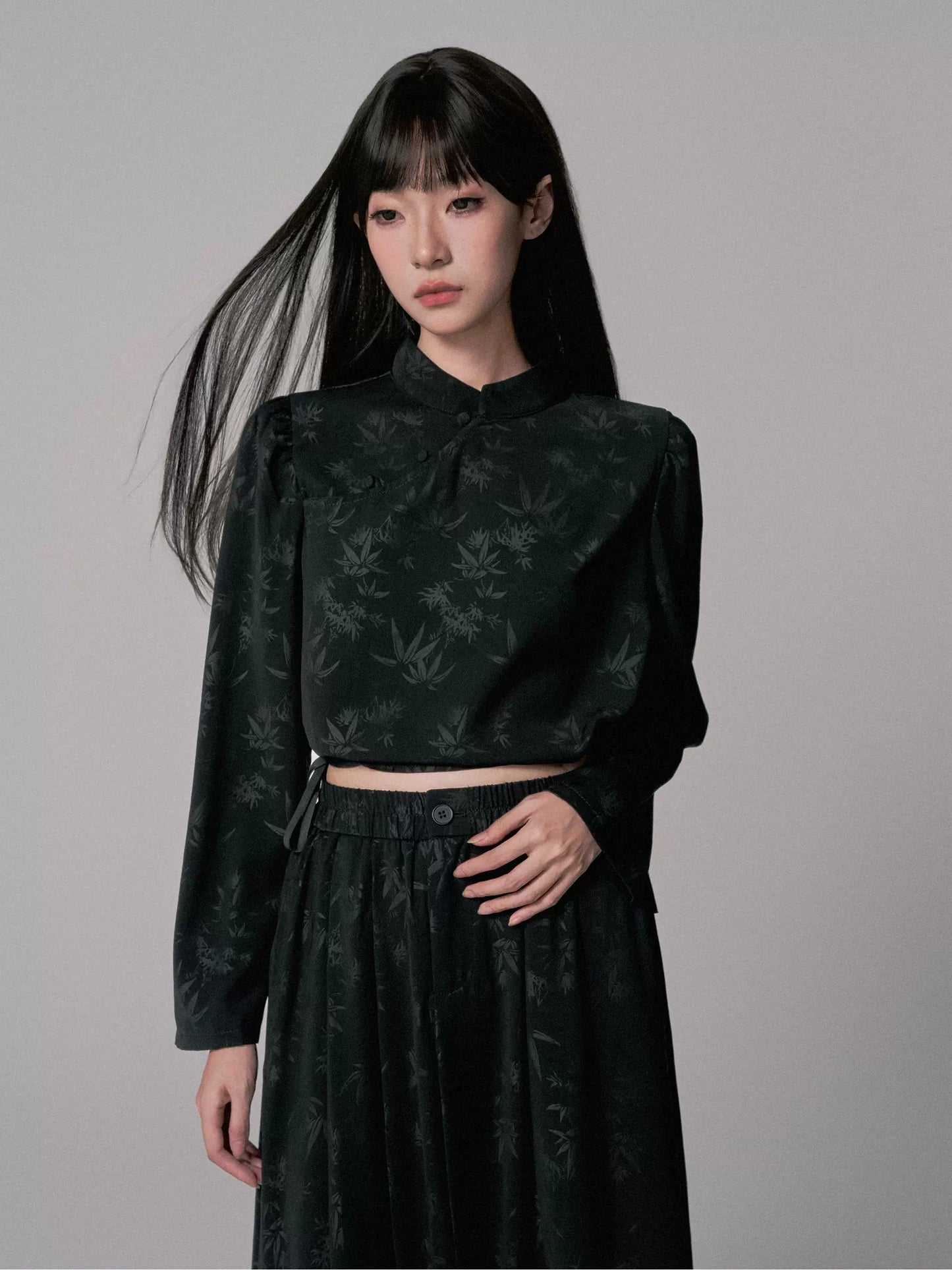 Dark Jacquard High-Waist Two-Piece Set with Stand-Up Collar