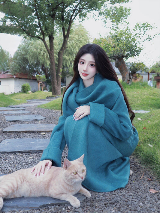 Blue Reversible Cashmere Coat – Elegant Mid-Length Scarf Collar Jacket