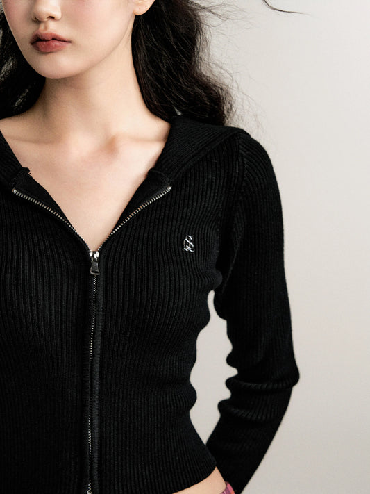 Double-Zip Black Cropped Hooded Knit Cardigan (Slim Fit)