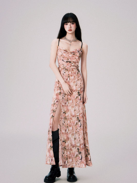 Apricot Pink Floral Swing Neck Backless Date Slip Dress