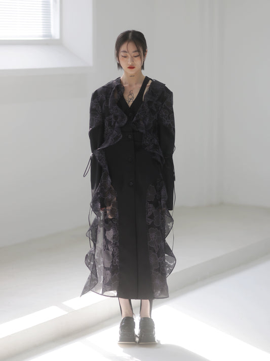 Organza Ruffle Edge Patchwork Long Trench Coat