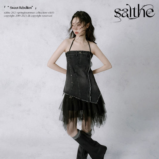 Waste Soil Denim Ragged Edge Splicing Black Sling Dress