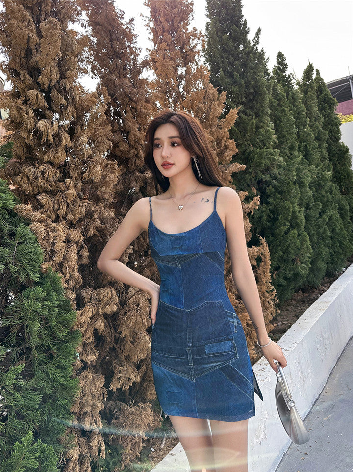 Denim Print Suspender Dress by Zhao