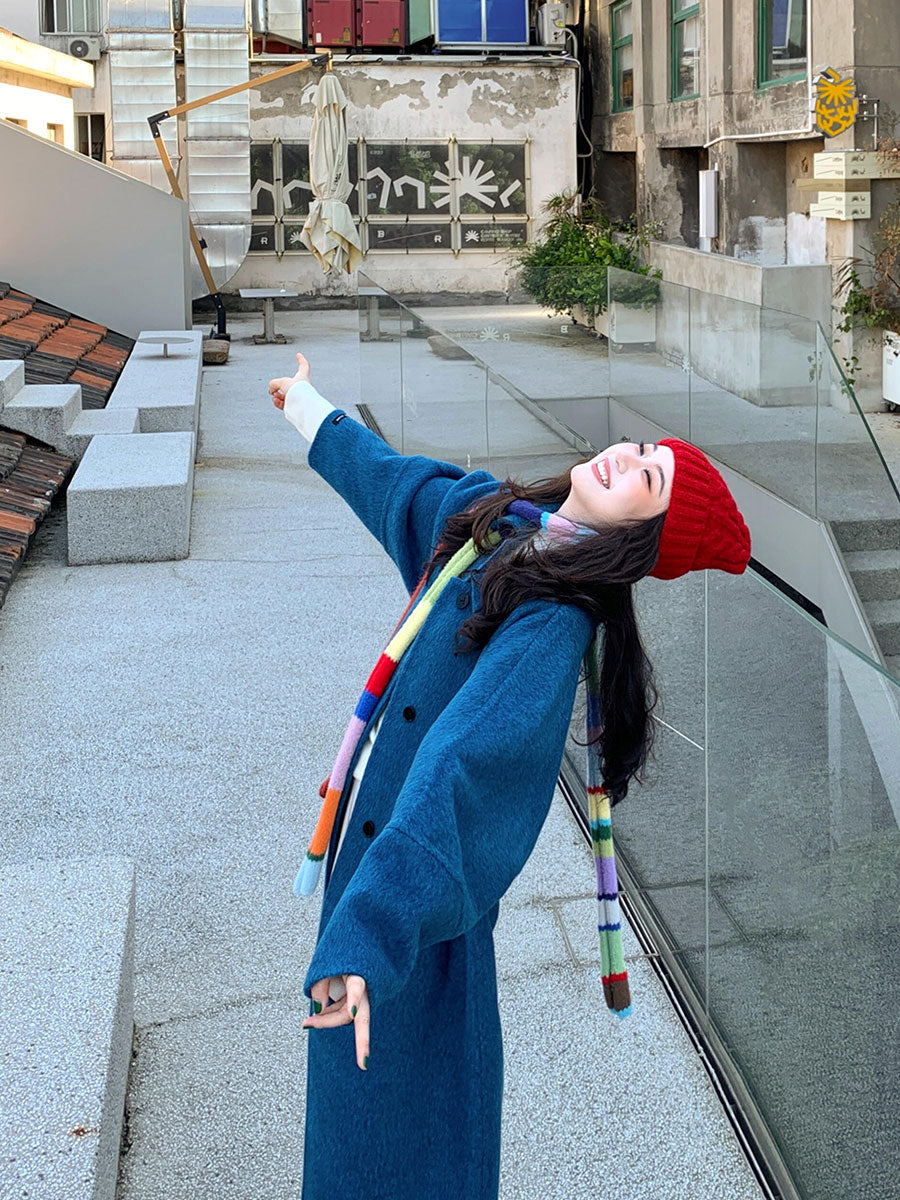 Blue Reversible Cashmere Coat – Chic Korean Petite Woolen Jacket