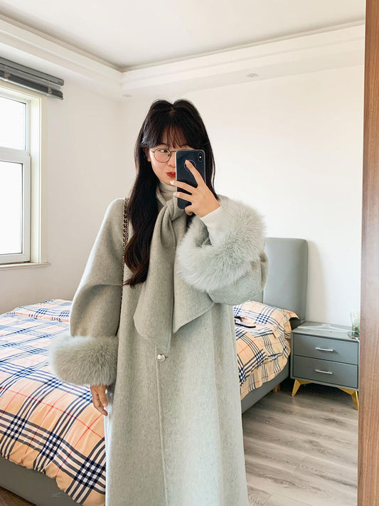Green Double-Sided Cashmere Coat – Elegant Fox Fur Scarf Woolen Coat