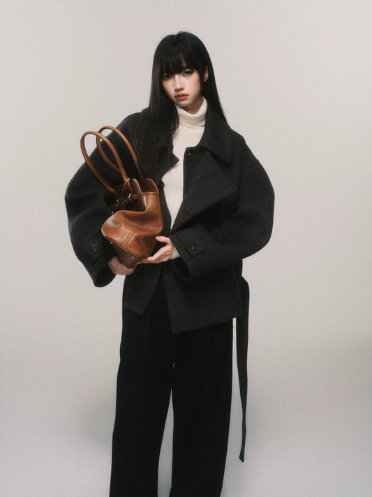 Relaxed Wool Waist Cropped Jacket with Slouchy Silhouette