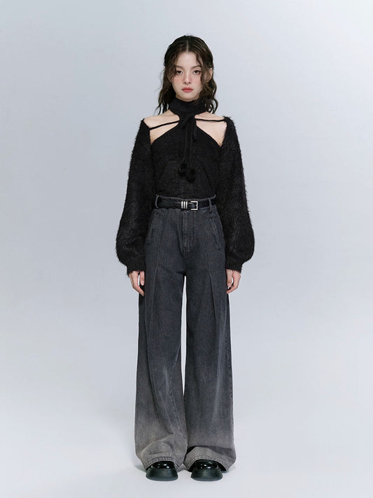 Wide Waist Belt Gradient Loose High Waist Jeans