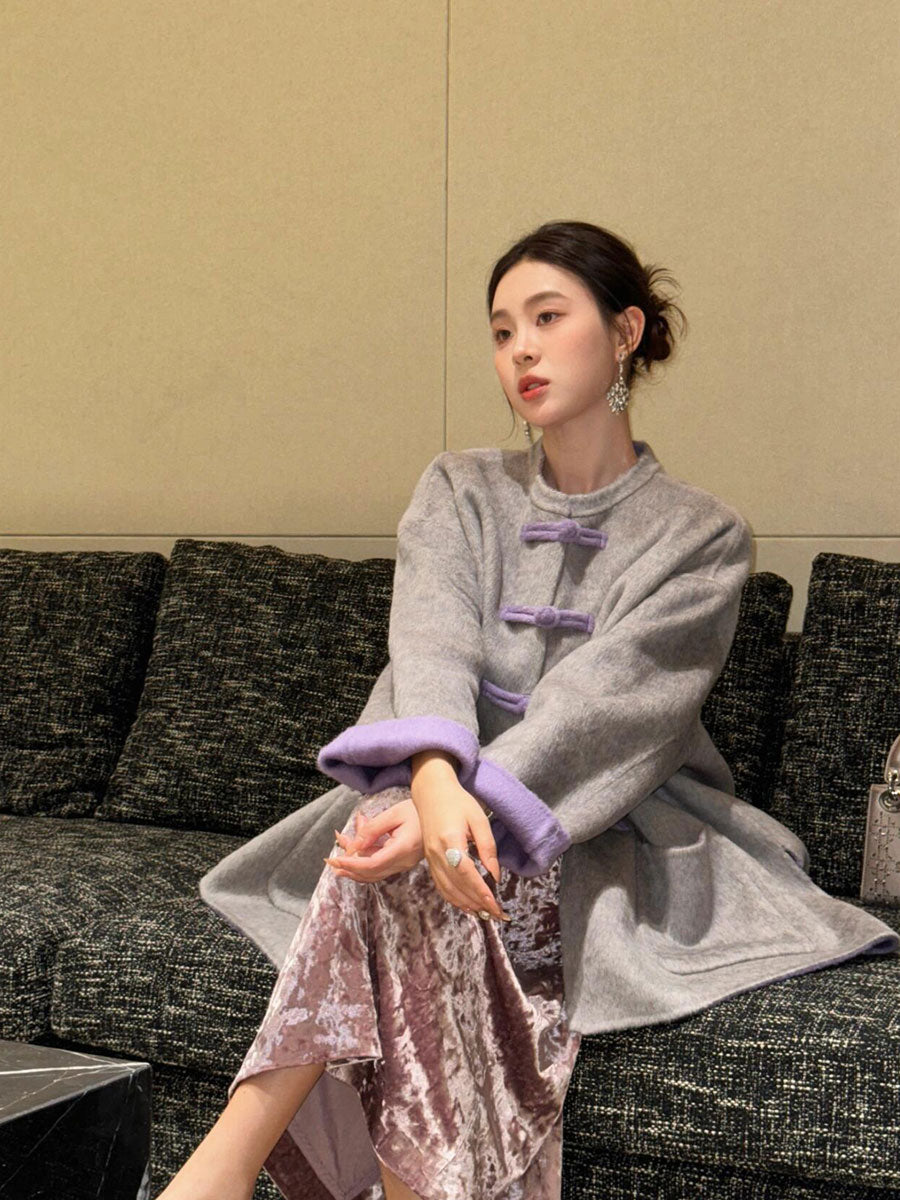 New Chinese Cashmere Coat – Luxury Gray Wool Jacket with Classic Buttons
