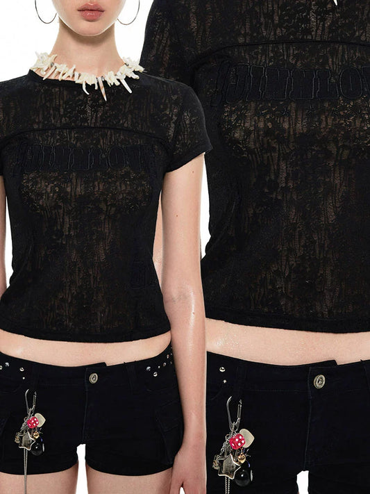 Sheer Lace Vintage Crewneck T-Shirt – Slim Fit Full-Shoulder Hottie Top