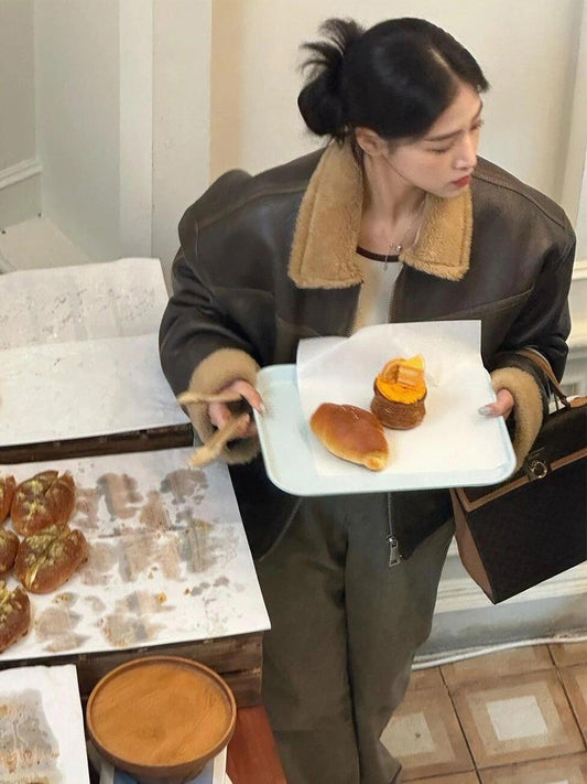 Lamb Wool Leather Jacket – Thickened Fur-Lined Brown Velvet Coat