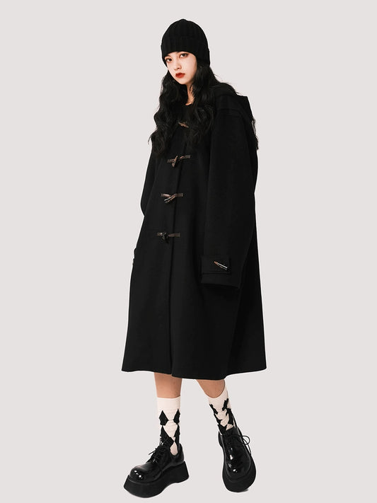 Abrigo Largo De Lana Con Botón De Cuerno De Vaca Retro - Ciervo Blanco