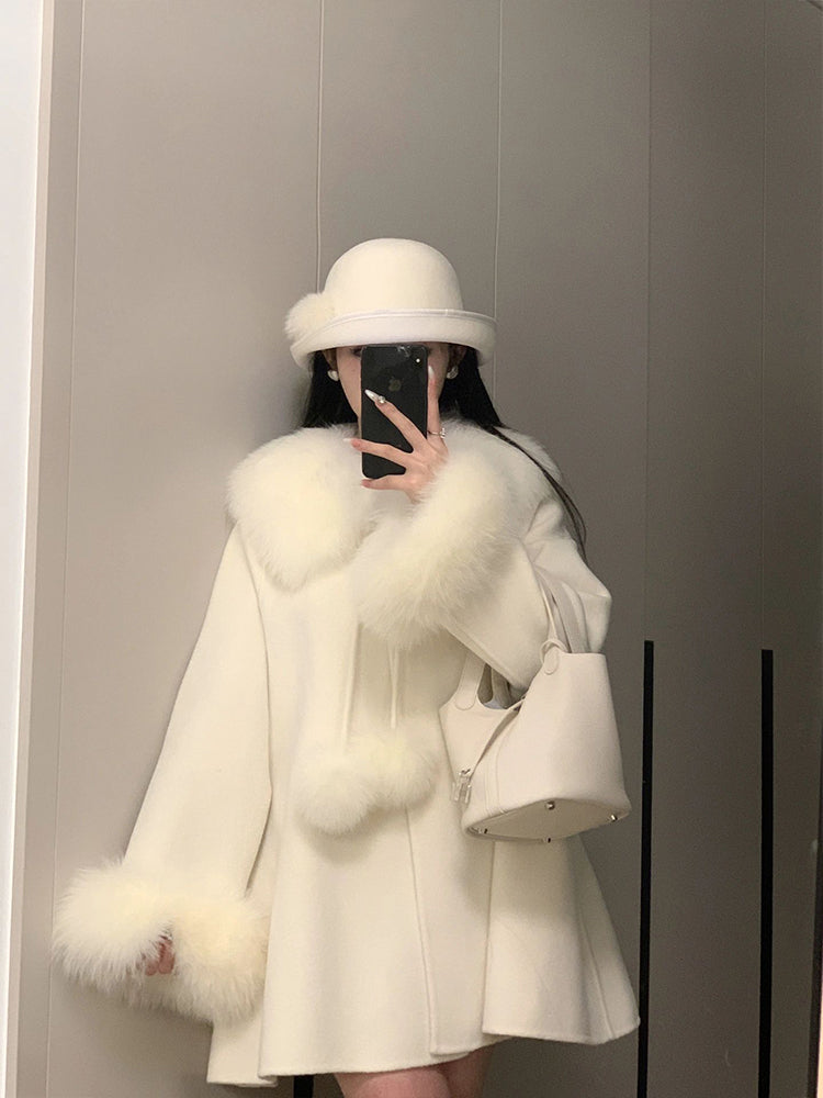 Elegant Tweed Cashmere Coat – Petite Gold Cloak Wool Jacket