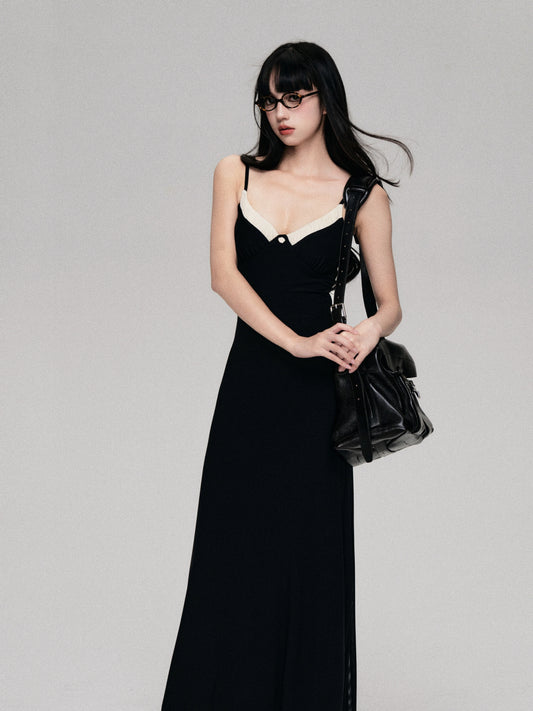 Beige Panel Black Mesh V-Neck Premium Slip Dress