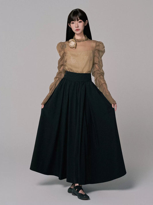 High-Waist Loose Pleated A-Line Long Skirt (Early Autumn)